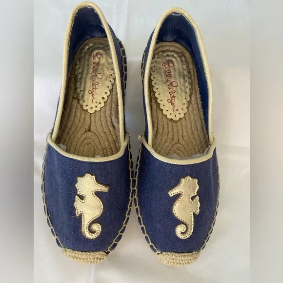 Lilly Pulitzer Lia Espadrilles in true Navy with gold sea horse  size 7 - Picture 2 of 13